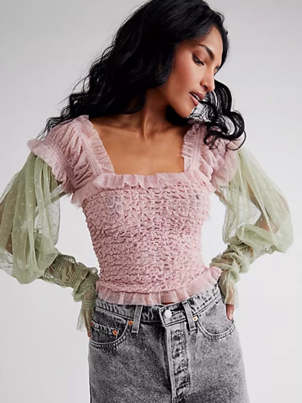 Nwot FREE PEOPLE
Nothing Sweeter Top lace mesh pink / green summer cottage boho